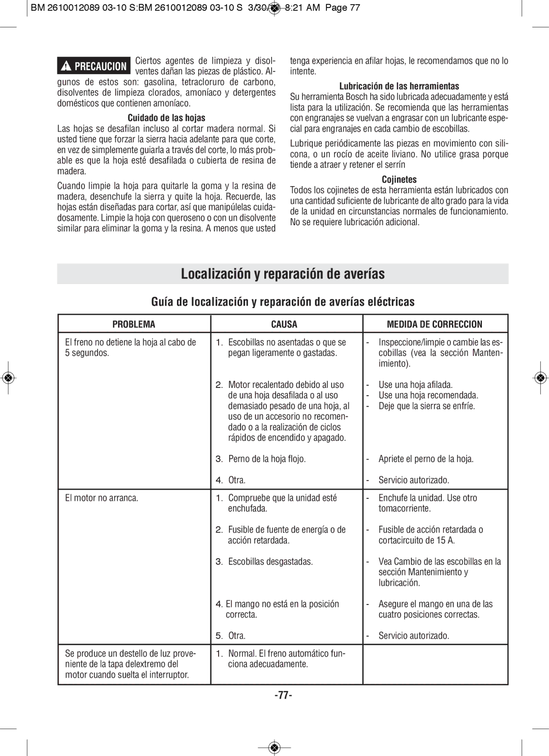 Bosch Power Tools 4310, 4410 Localización y reparación de averías, Guía de localización y reparación de averías eléctricas 