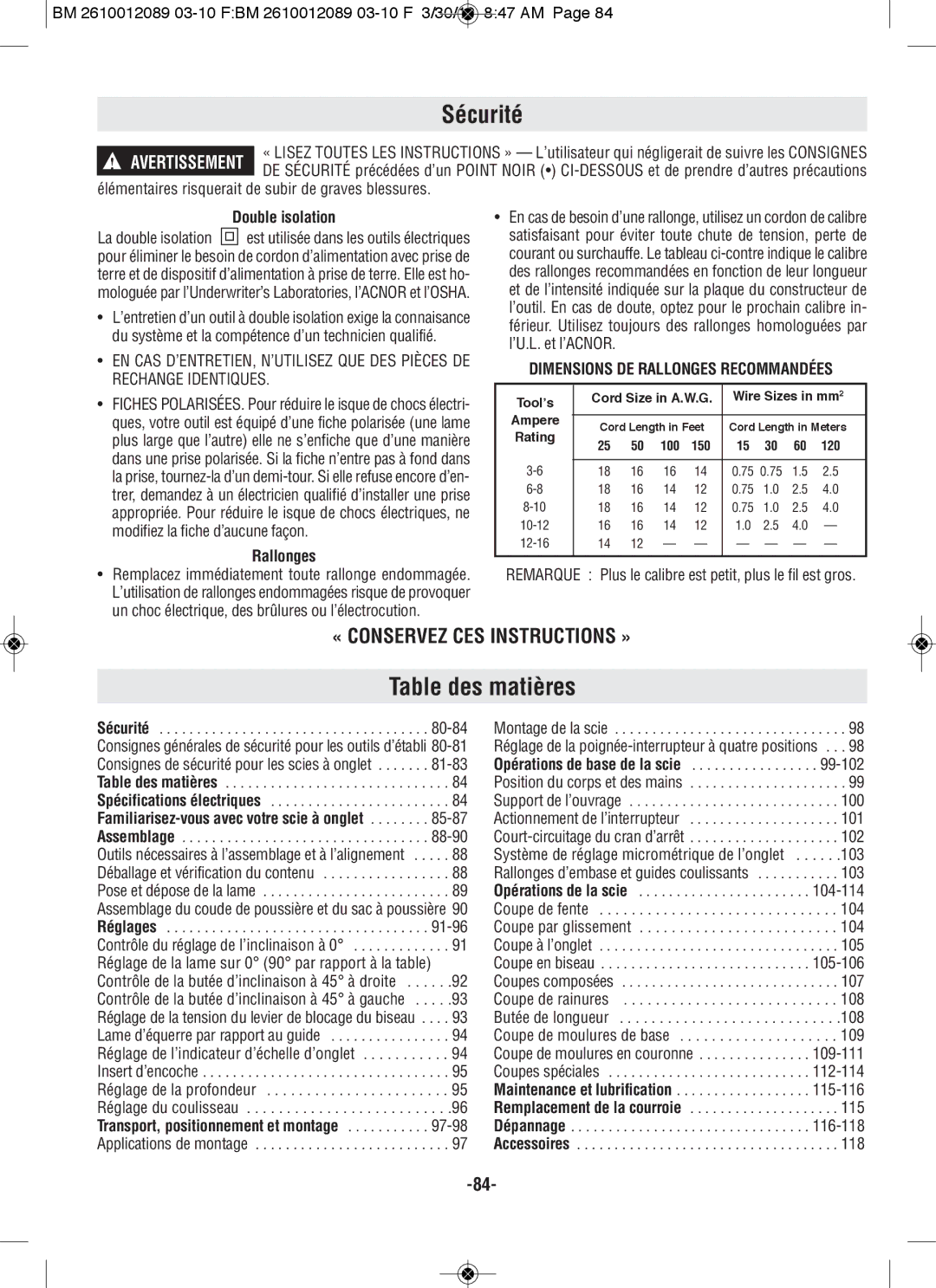 Bosch Power Tools 4410, 4310 manual Table des matières, Double isolation, Rallonges 