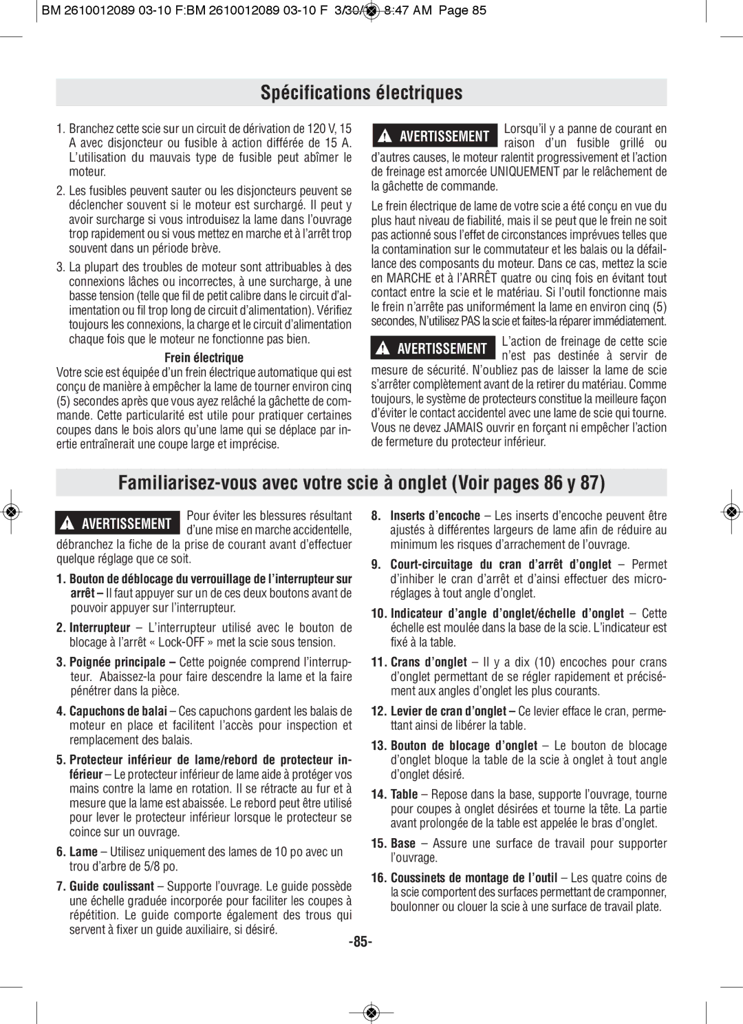 Bosch Power Tools 4310, 4410 manual Spécifications électriques, Familiarisez-vous avec votre scie à onglet Voir pages 86 y 