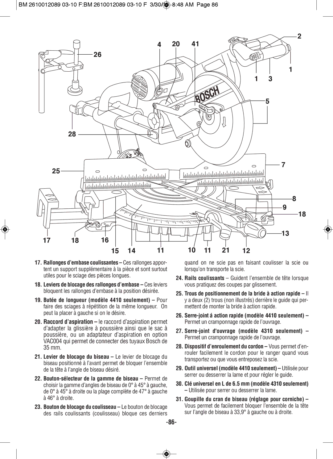 Bosch Power Tools 4410, 4310 manual BM 2610012089 03-10 FBM 2610012089 03-10 F 3/30/10 848 AM 