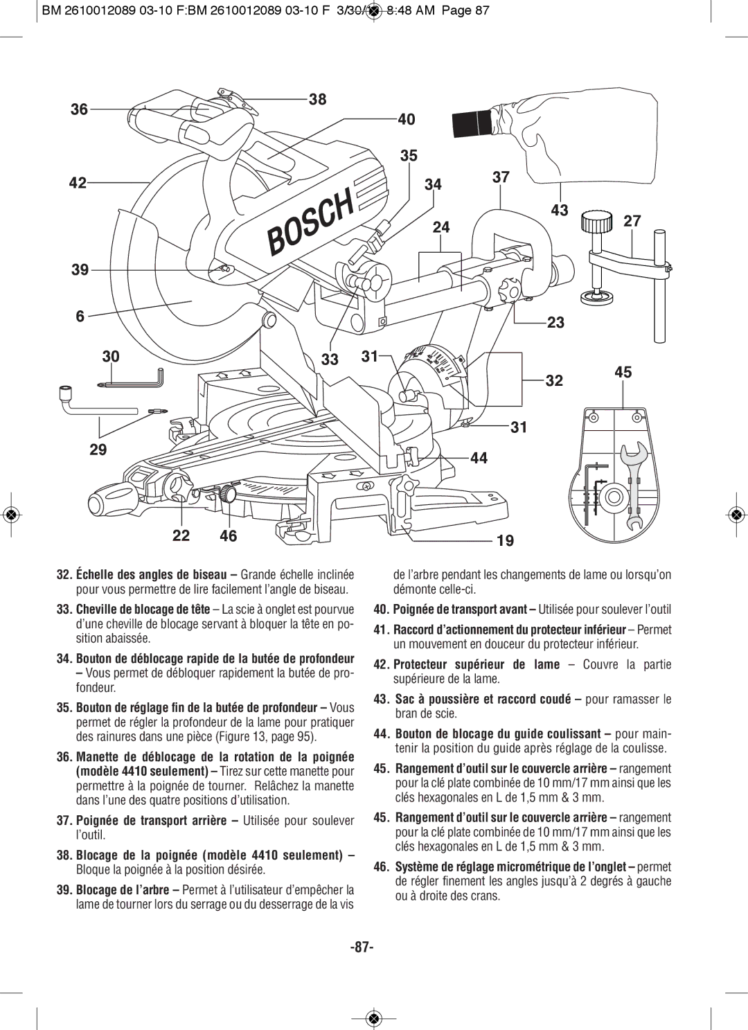 Bosch Power Tools 4310, 4410 manual Vous permet de débloquer rapidement la butée de pro- fondeur 