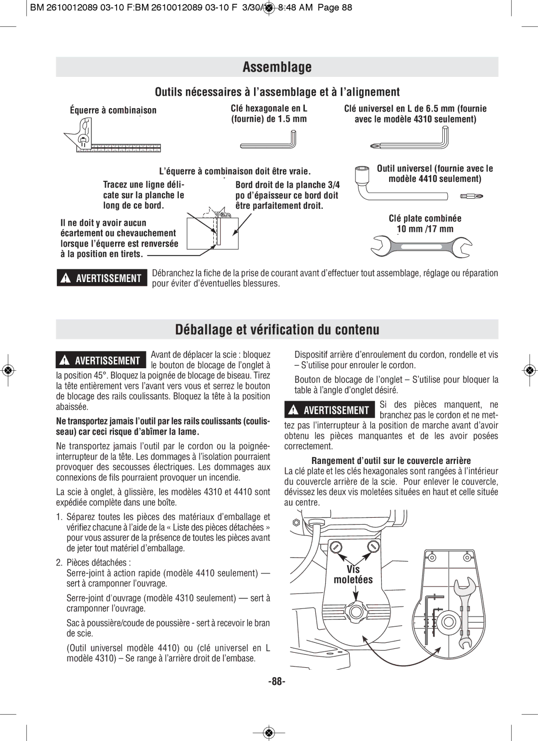 Bosch Power Tools 4410, 4310 manual Assemblage, Déballage et vérification du contenu 