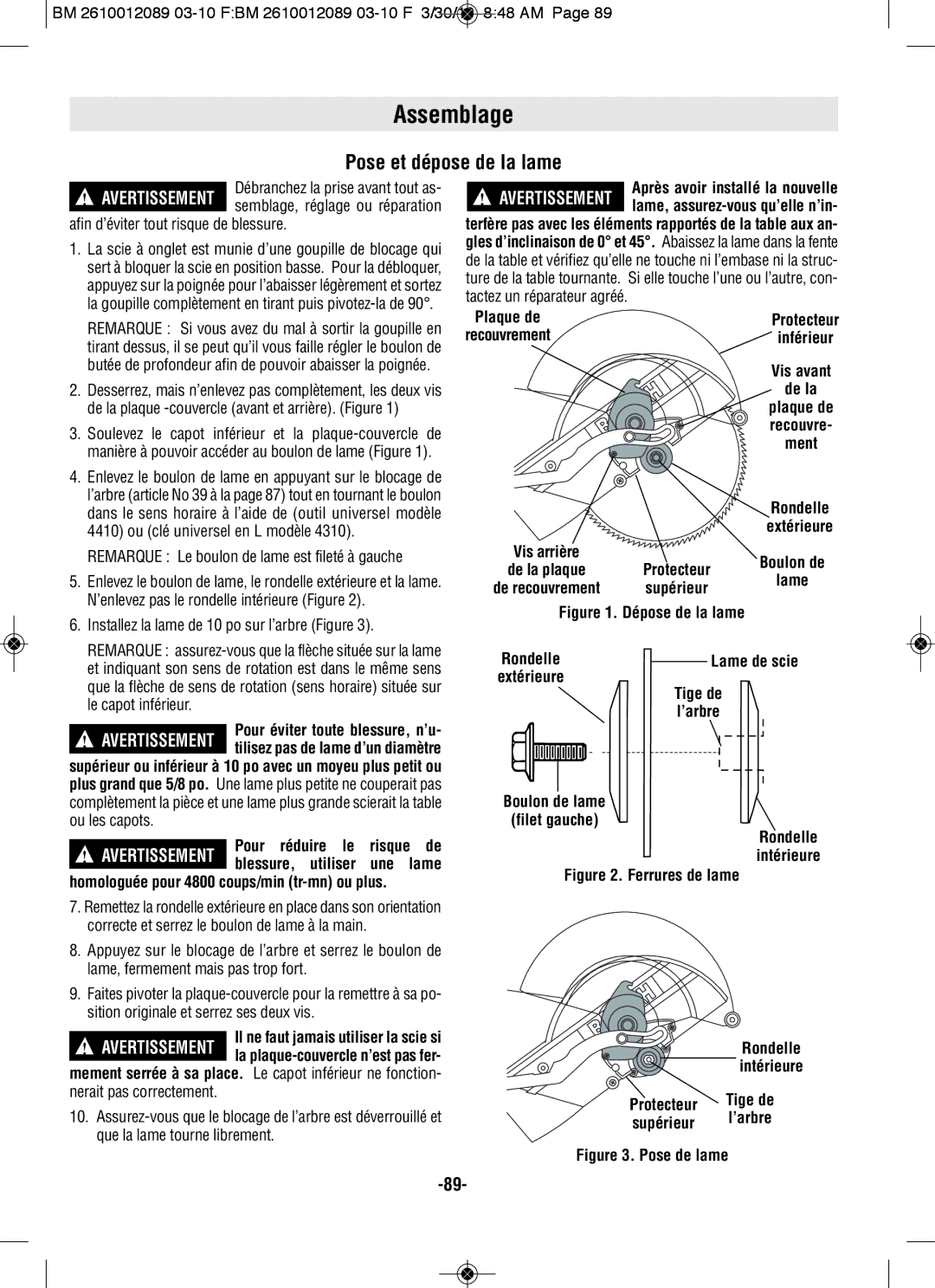 Bosch Power Tools 4310, 4410 manual Pose et dépose de la lame, Vis avant De la, Homologuée pour 4800 coups/min tr-mn ou plus 