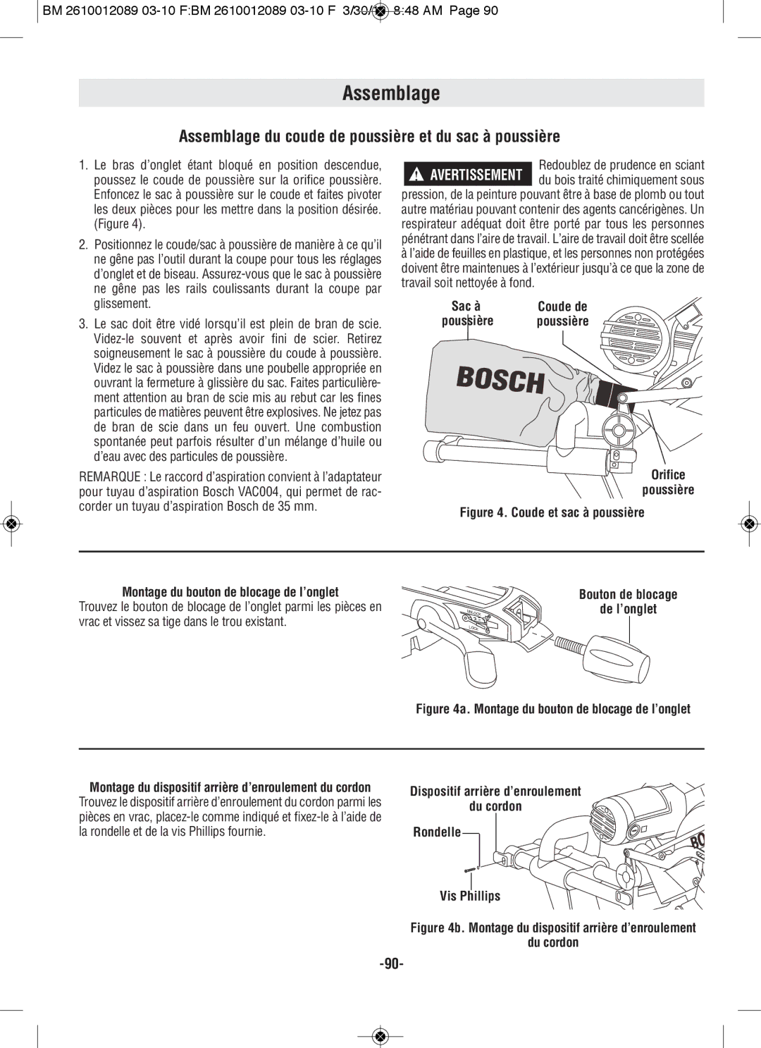 Bosch Power Tools 4410, 4310 manual Assemblage du coude de poussière et du sac à poussière, Orifice Poussière 