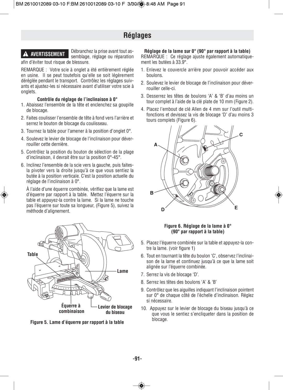 Bosch Power Tools 4310, 4410 manual Réglages, Contrôle du réglage de l’inclinaison à, Lame, Équerre à, Combinaison 