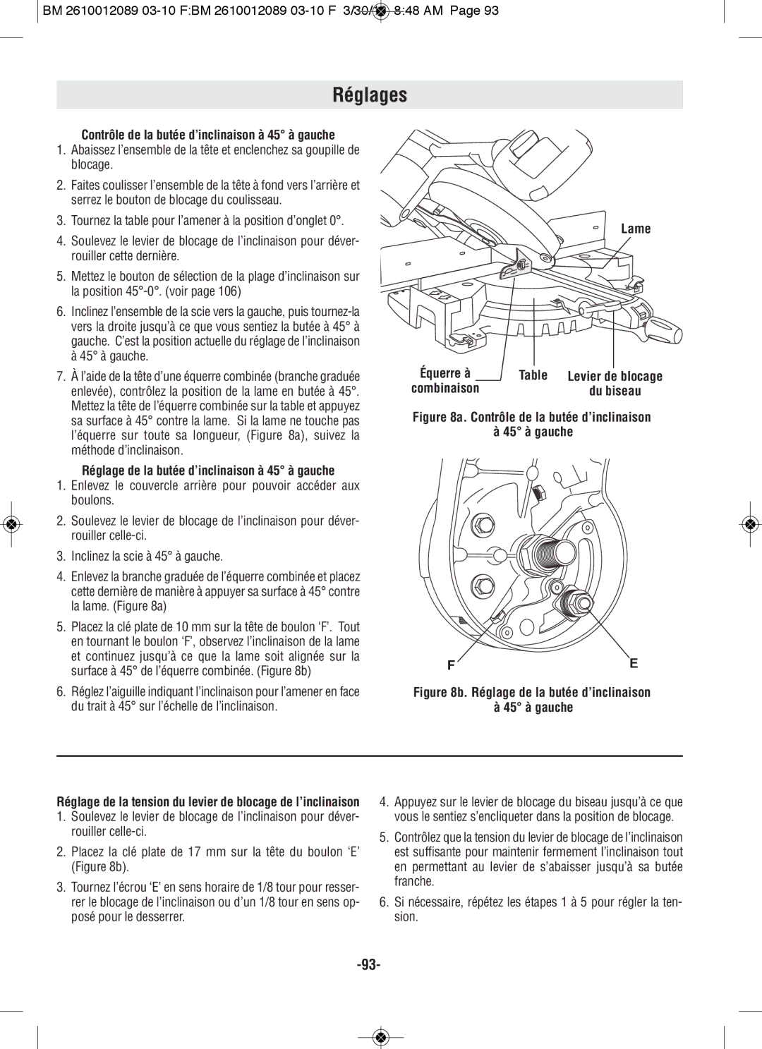 Bosch Power Tools 4310 Contrôle de la butée d’inclinaison à 45 à gauche, Réglage de la butée d’inclinaison à 45 à gauche 