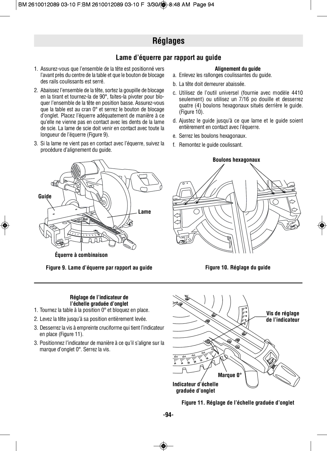 Bosch Power Tools 4410, 4310 Lame d’équerre par rapport au guide, Guide Lame Équerre à combinaison, Alignement du guide 