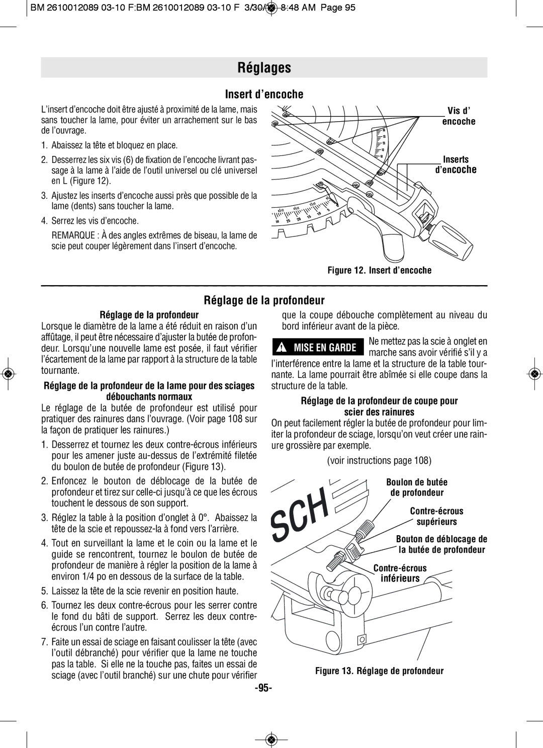 Bosch Power Tools 4310, 4410 manual Insert d’encoche, Réglage de la profondeur 