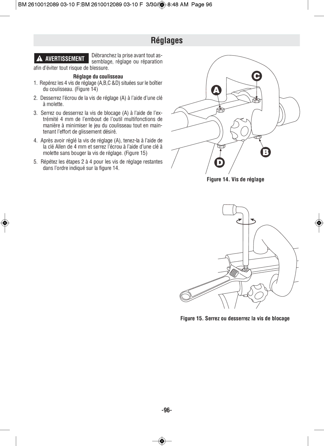 Bosch Power Tools 4410, 4310 manual Réglage du coulisseau, Vis de réglage 