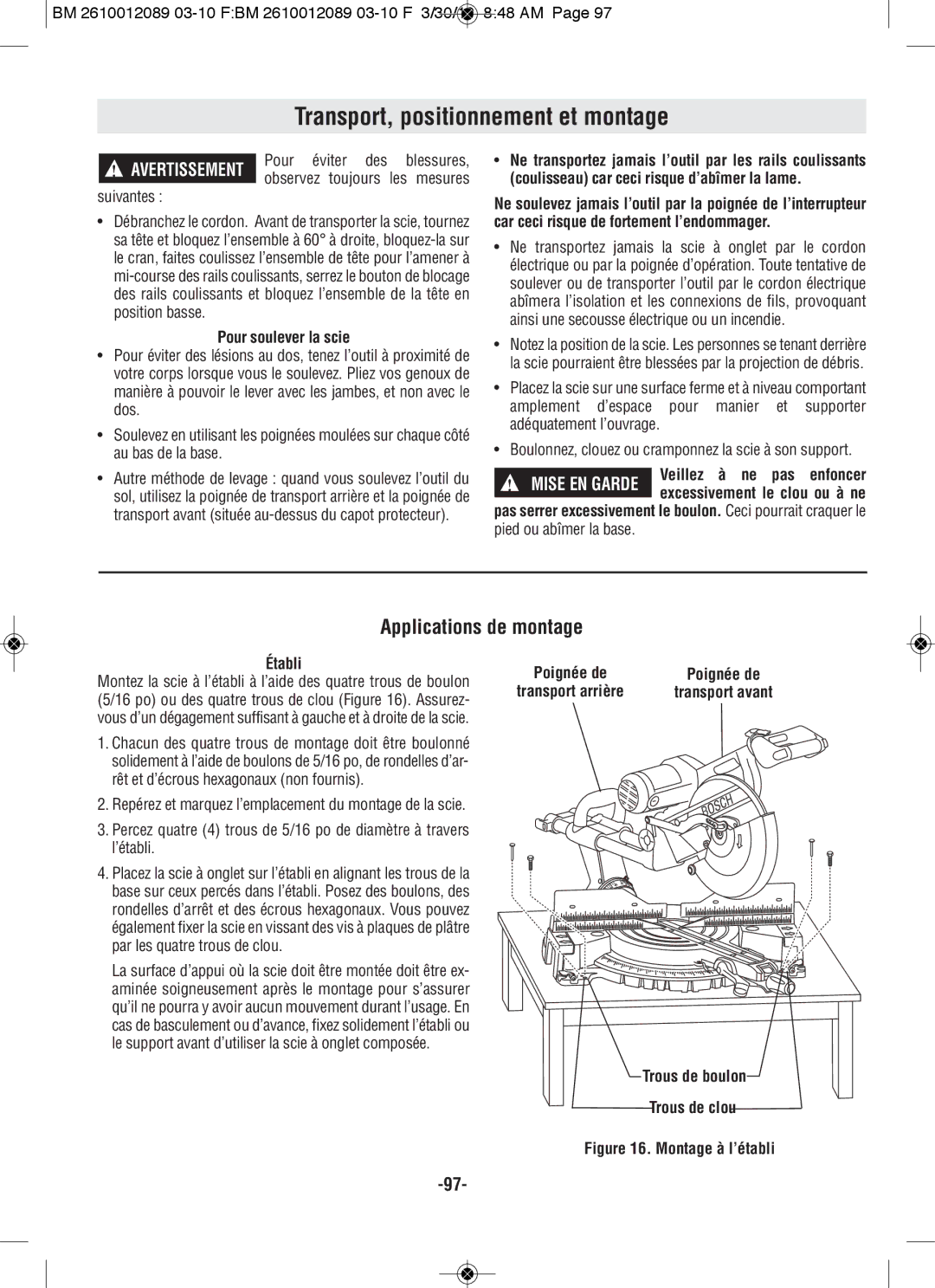 Bosch Power Tools 4310, 4410 Transport, positionnement et montage, Applications de montage, Pour soulever la scie, Établi 