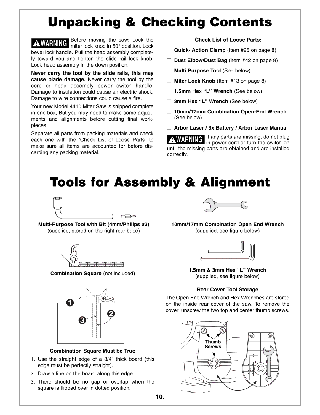 Bosch Power Tools 4410L manual Unpacking & Checking Contents, Tools for Assembly & Alignment 