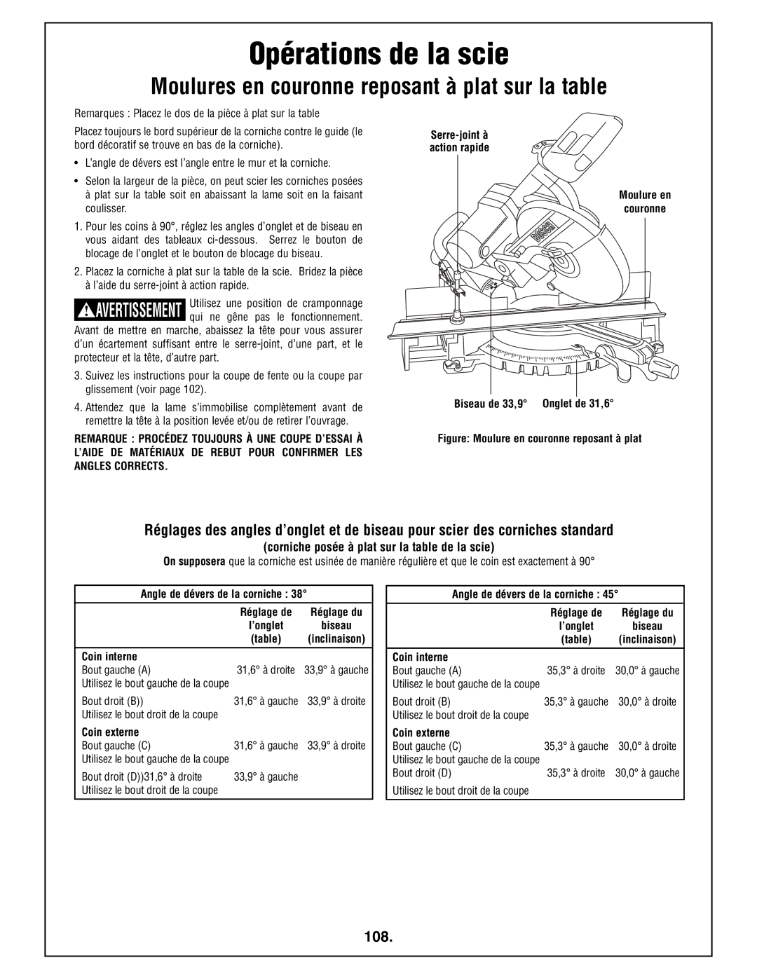 Bosch Power Tools 4410L manual Moulures en couronne reposant à plat sur la table, 108 