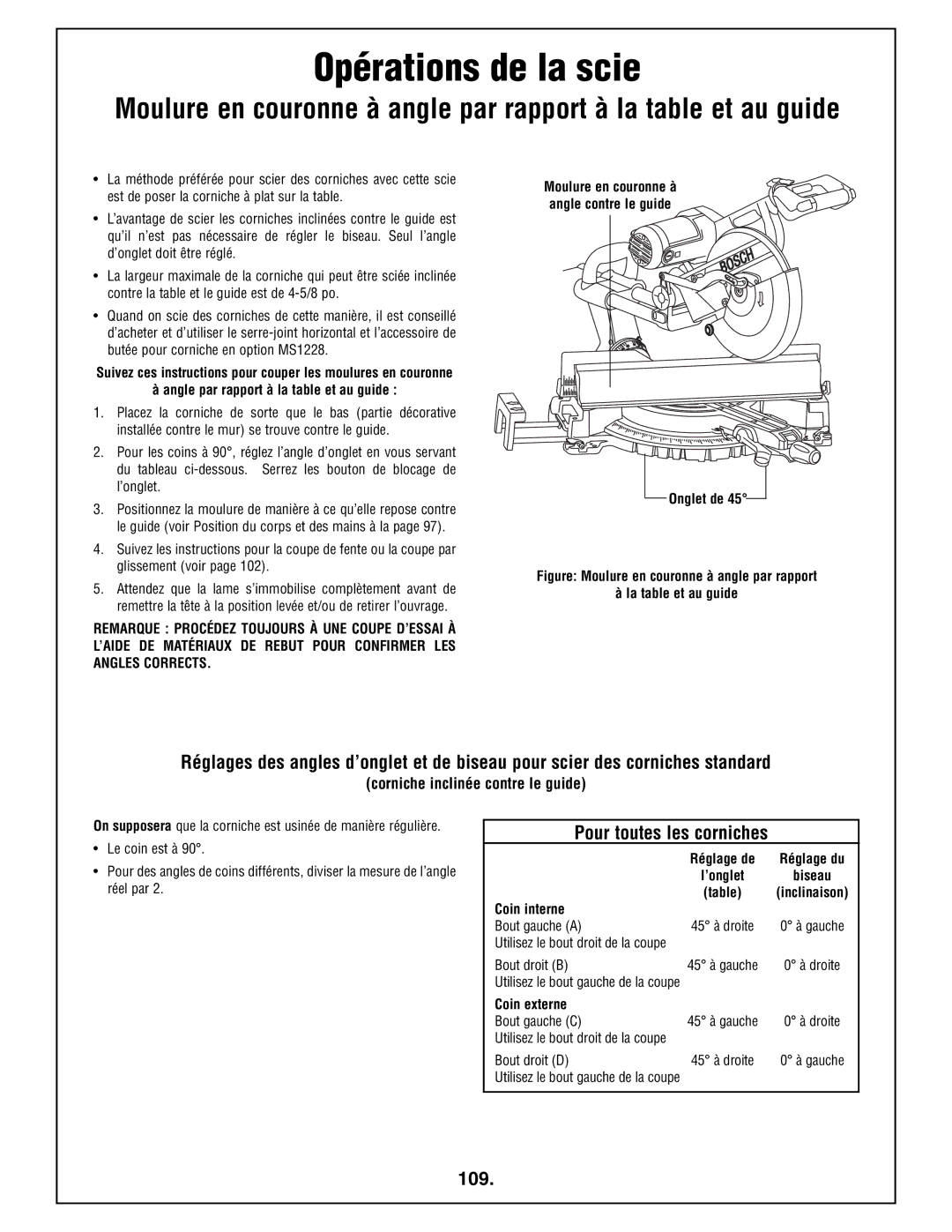 Bosch Power Tools 4410L manual Pour toutes les corniches, 109, Corniche inclinée contre le guide, Onglet de 