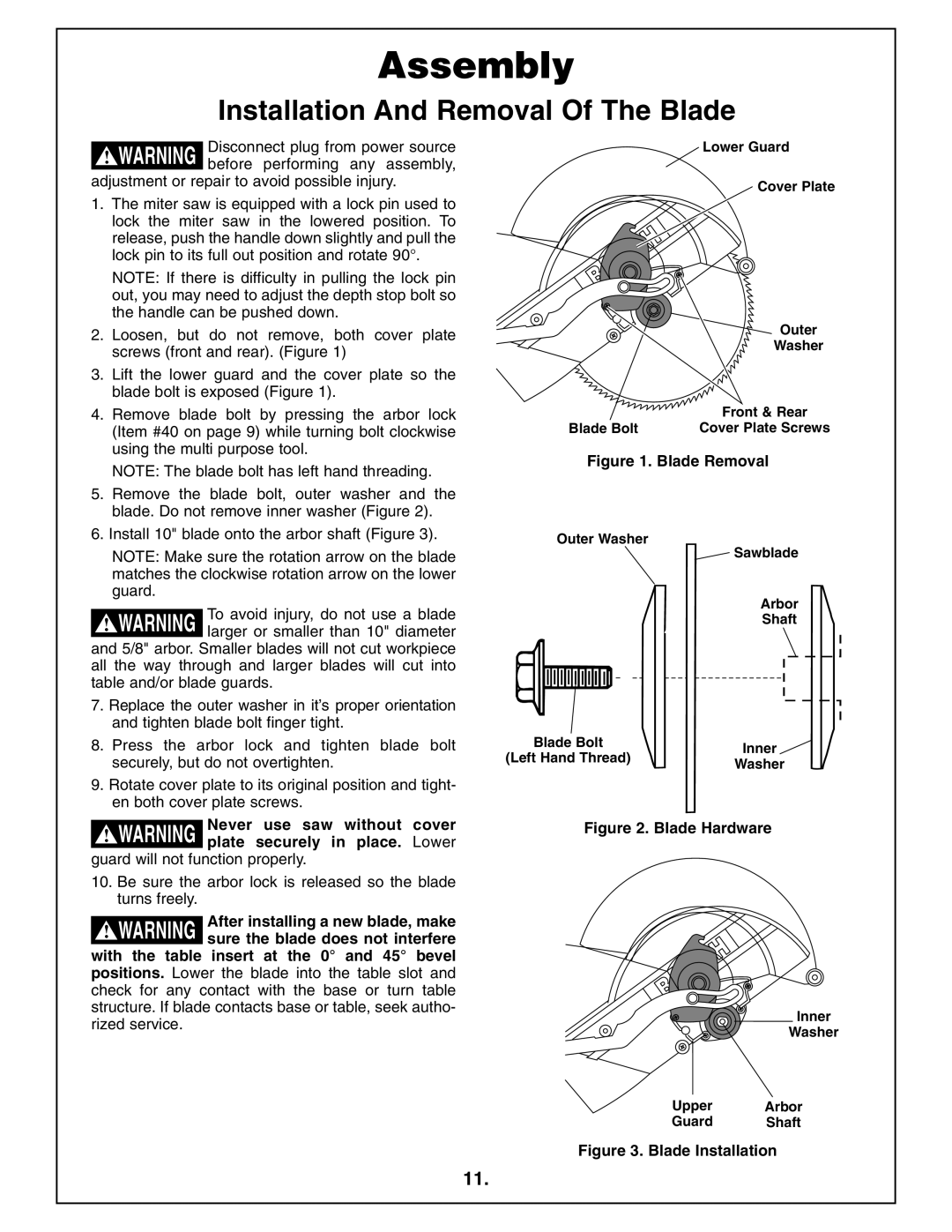 Bosch Power Tools 4410L manual Assembly, Installation And Removal Of The Blade, Inner Washer Upper Arbor Guard Shaft 