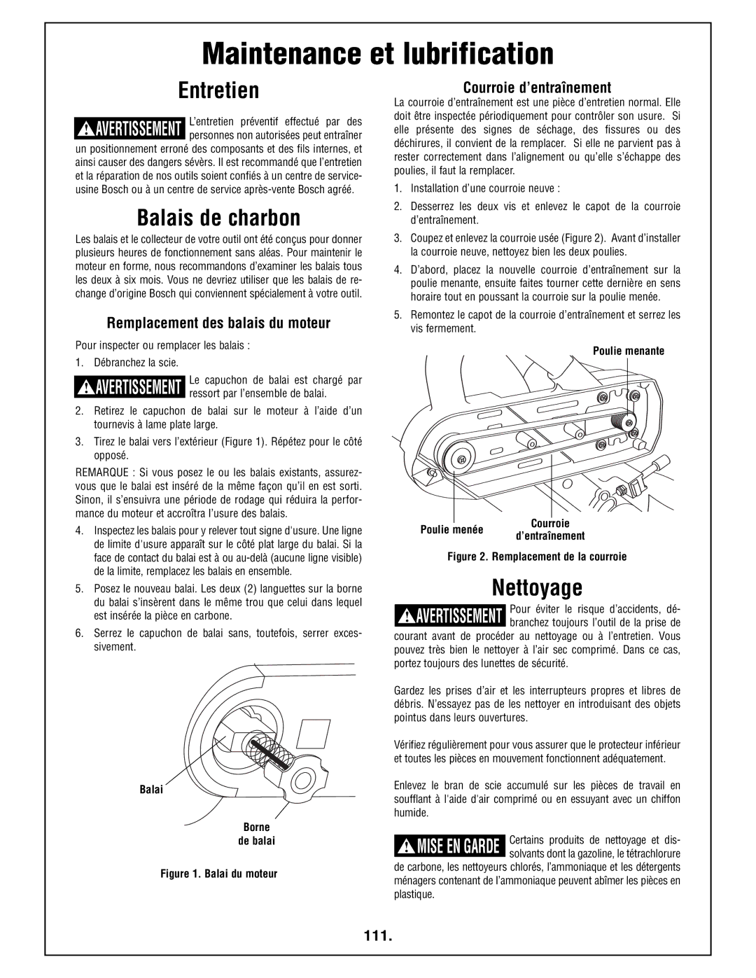 Bosch Power Tools 4410L manual Maintenance et lubrification, Entretien, Balais de charbon, Nettoyage 