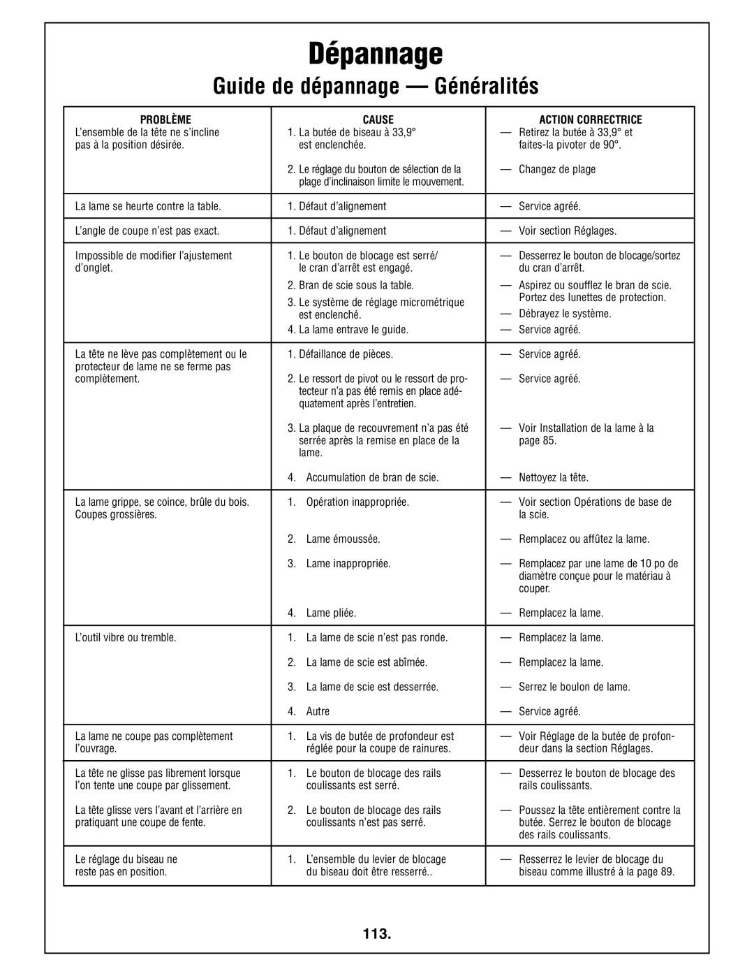 Bosch Power Tools 4410L manual Guide de dépannage Généralités, 113 