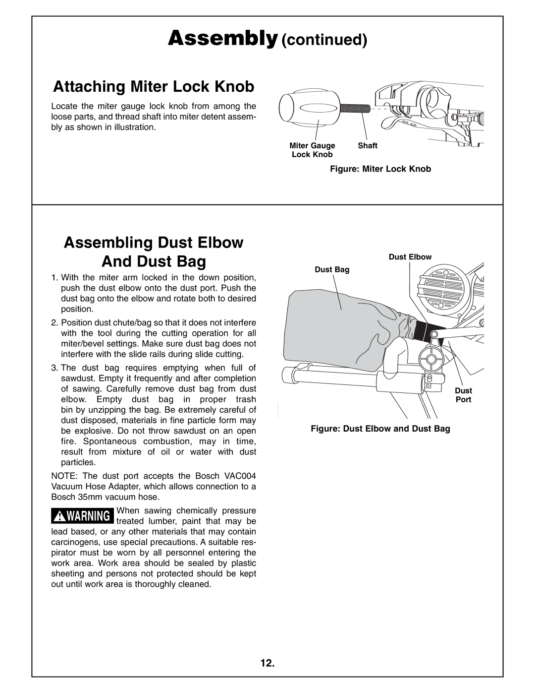 Bosch Power Tools 4410L Assembly Attaching Miter Lock Knob, Assembling Dust Elbow Dust Bag, Miter Gauge Shaft Lock Knob 