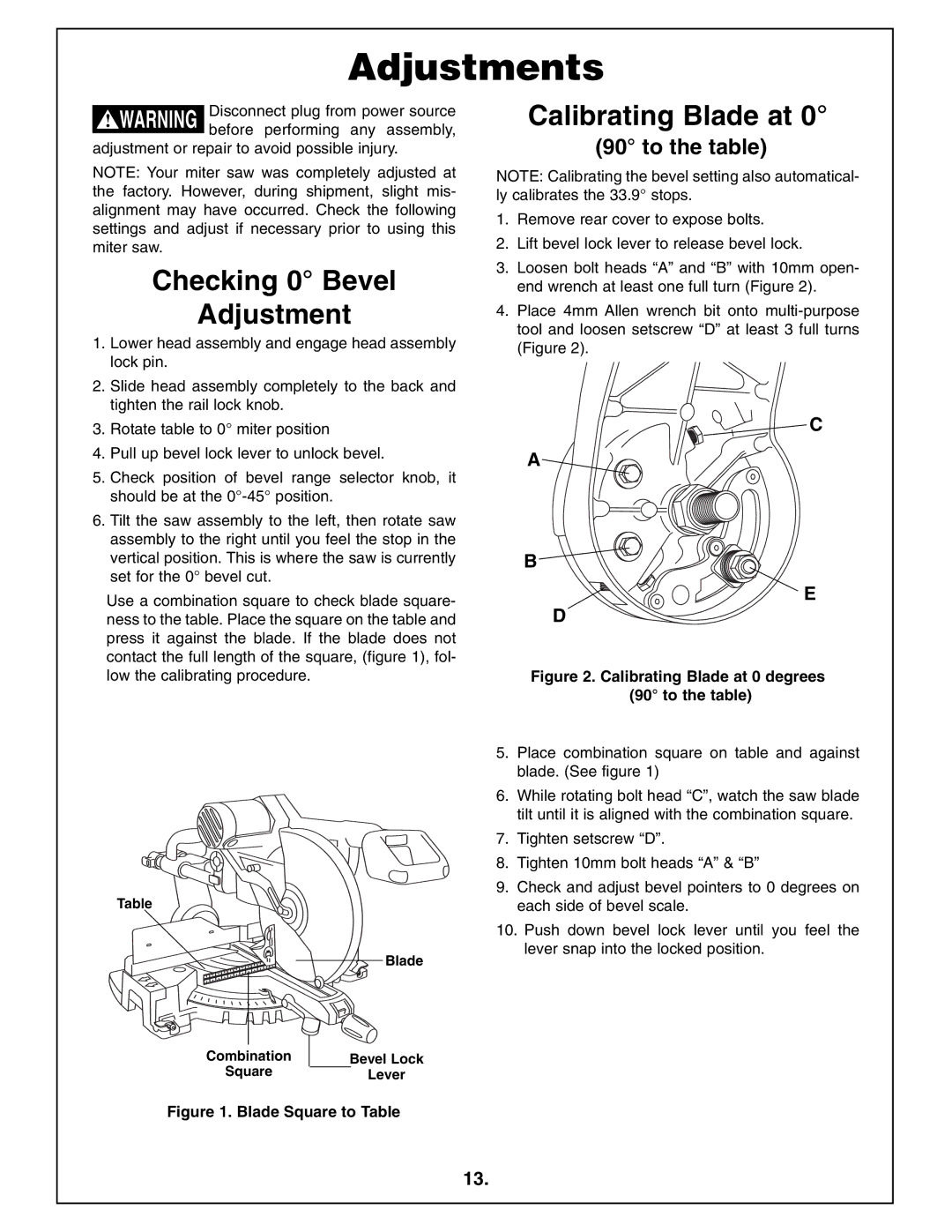 Bosch Power Tools 4410L manual Adjustments, Checking 0 Bevel Adjustment, Calibrating Blade at 