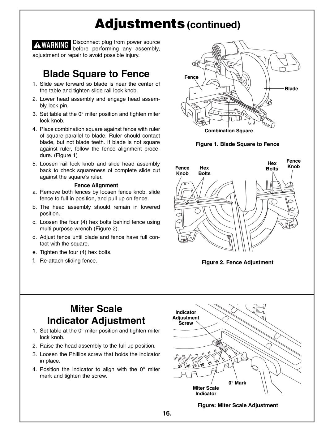 Bosch Power Tools 4410L manual Blade Square to Fence, Miter Scale Indicator Adjustment, Fence Alignment 