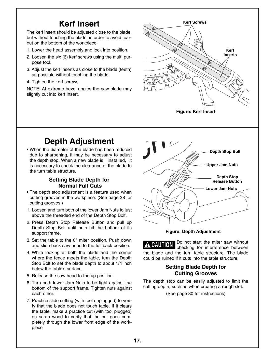 Bosch Power Tools 4410L manual Kerf Insert, Depth Adjustment, Setting Blade Depth for Normal Full Cuts 