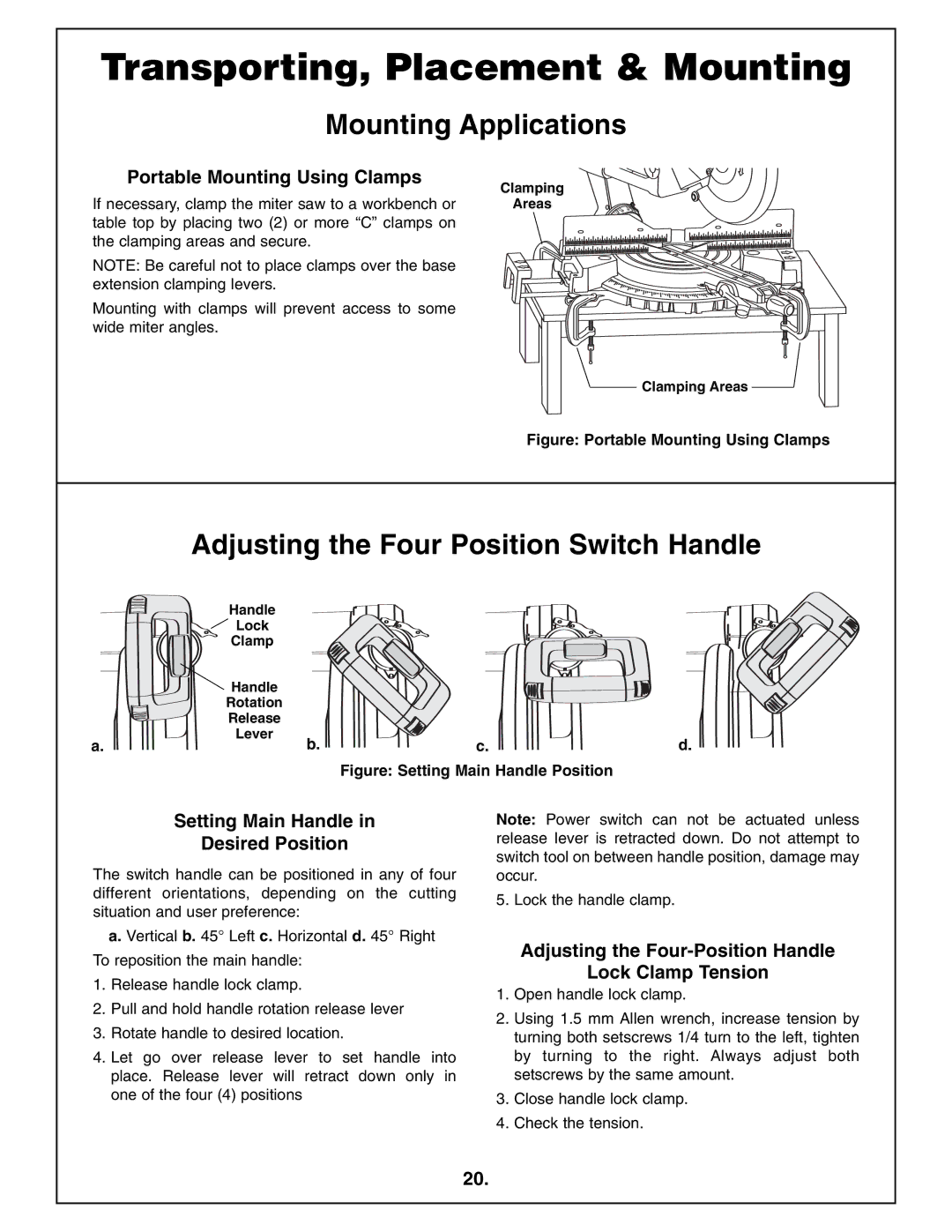 Bosch Power Tools 4410L manual Adjusting the Four Position Switch Handle, Portable Mounting Using Clamps 