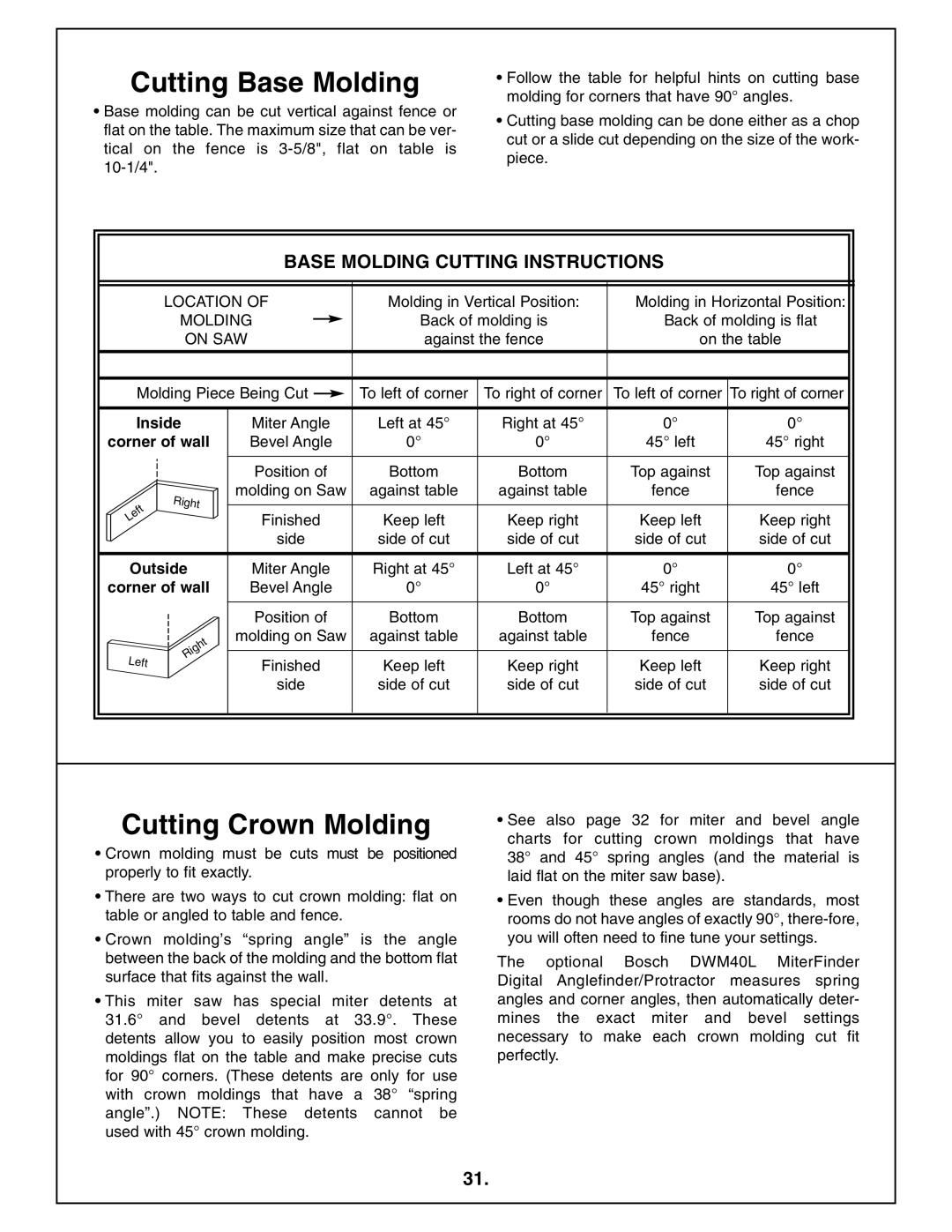 Bosch Power Tools 4410L manual Cutting Base Molding, Cutting Crown Molding, Inside, Outside Corner of wall 
