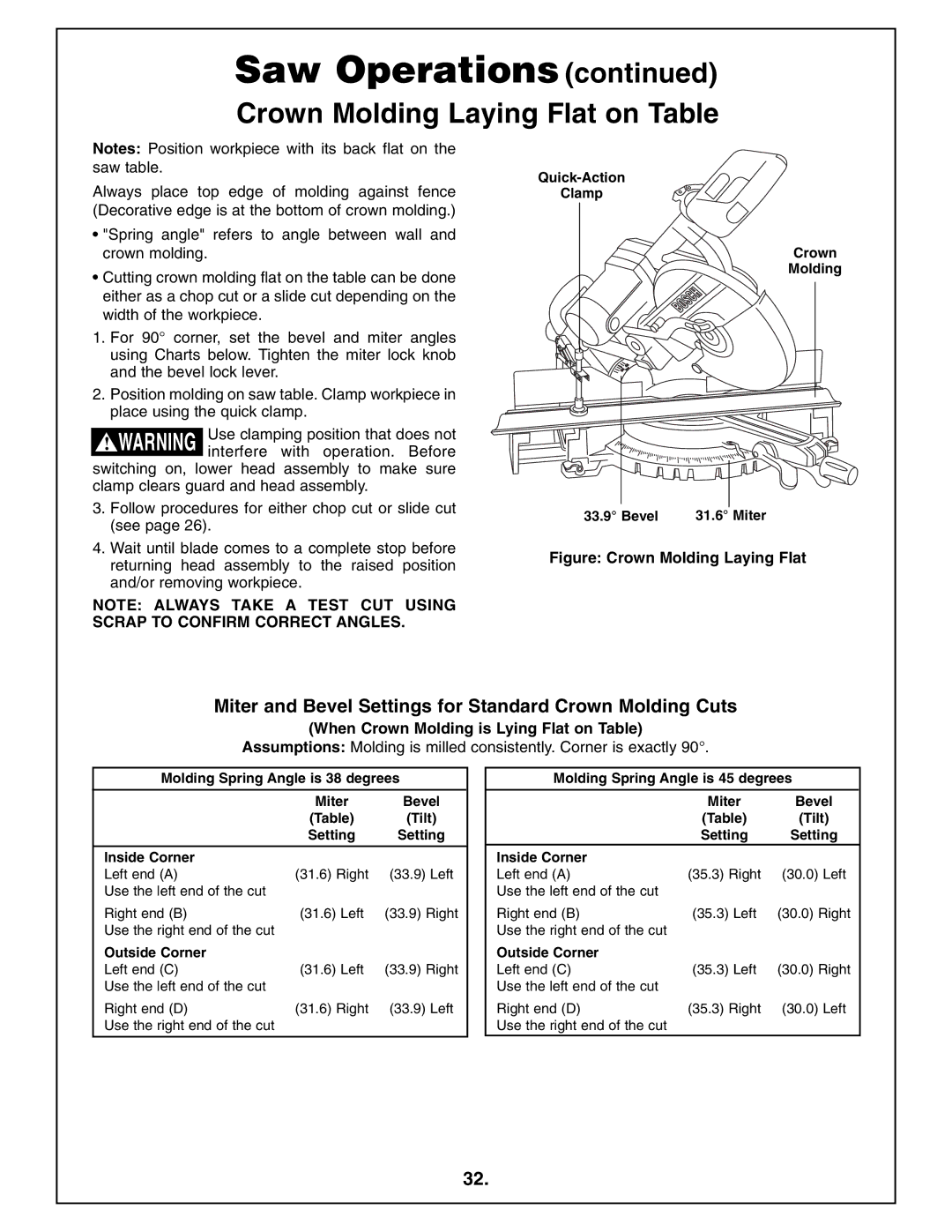 Bosch Power Tools 4410L manual Crown Molding Laying Flat on Table, Miter and Bevel Settings for Standard Crown Molding Cuts 