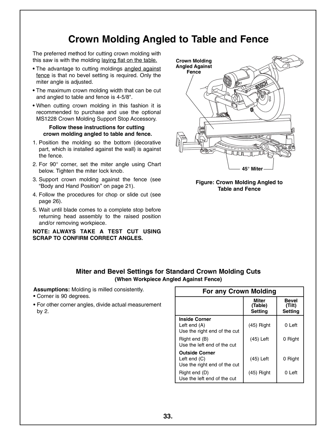 Bosch Power Tools 4410L manual Crown Molding Angled to Table and Fence, For any Crown Molding 