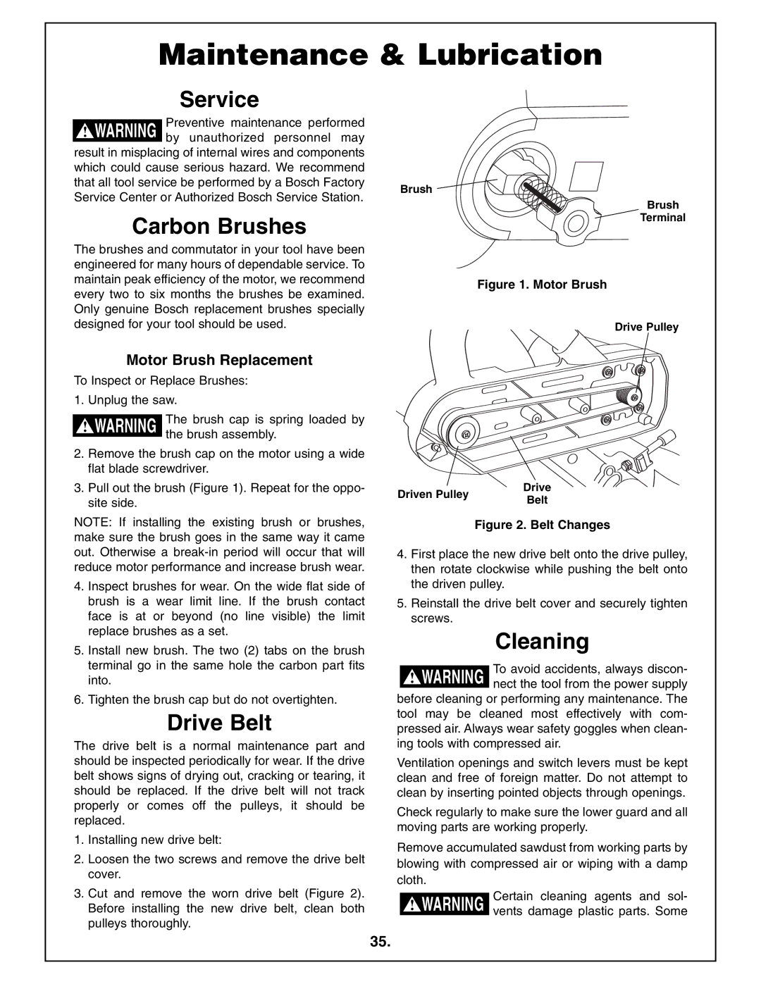 Bosch Power Tools 4410L manual Maintenance & Lubrication, Service, Carbon Brushes, Drive Belt, Cleaning 