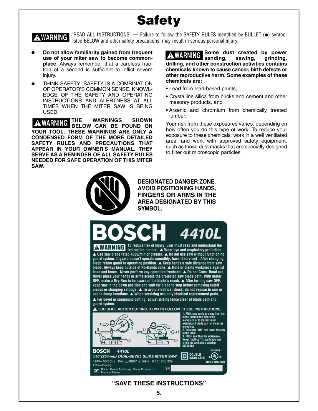 Bosch Power Tools 4410L manual Safety 