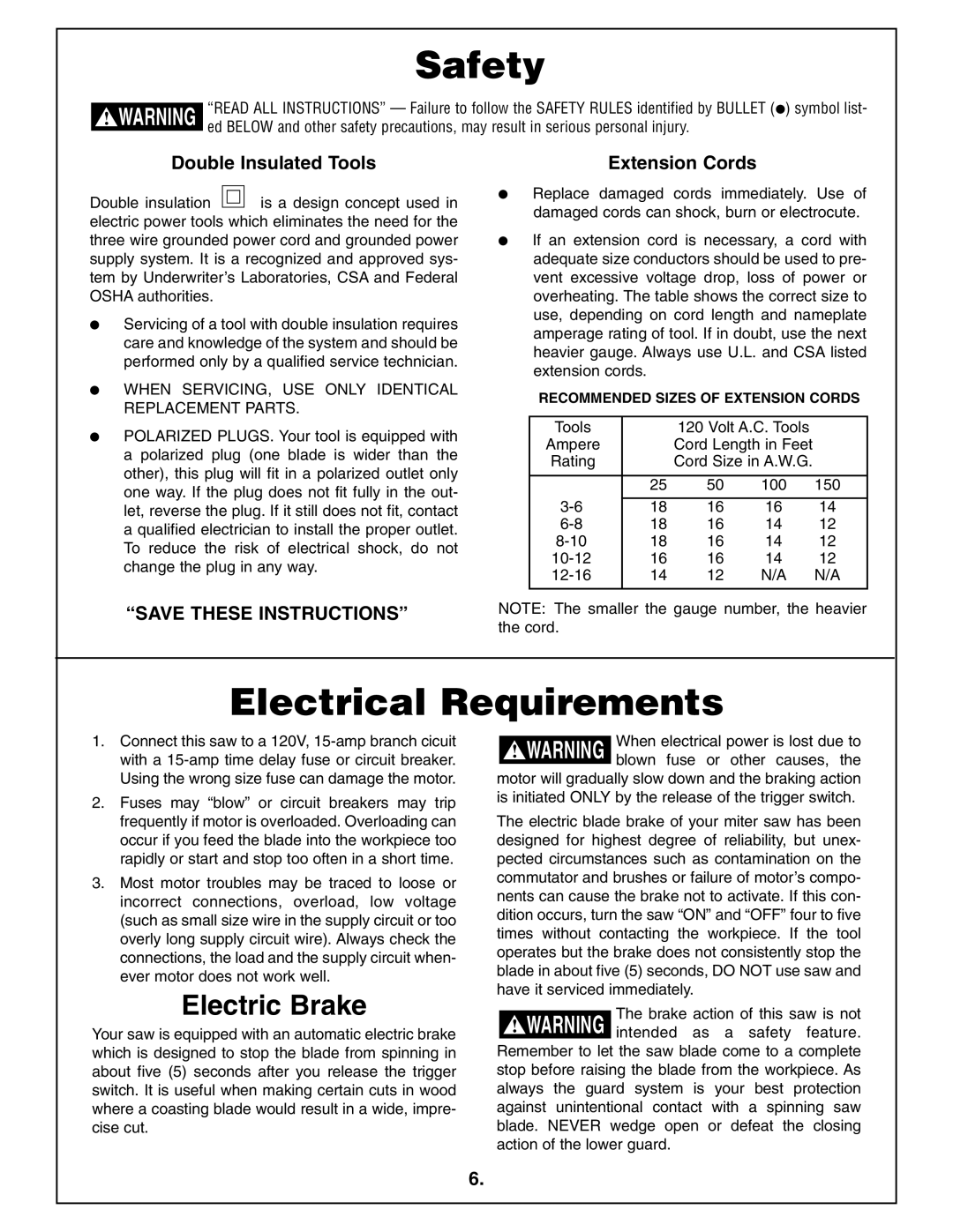 Bosch Power Tools 4410L manual Electrical Requirements, Electric Brake, Double Insulated Tools Extension Cords 