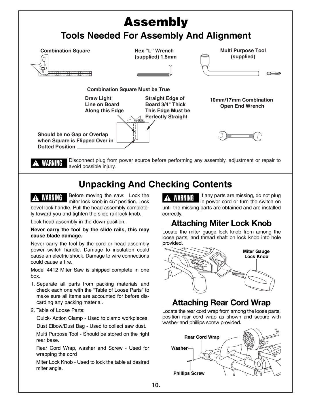 Bosch Power Tools 4412 manual Tools Needed For Assembly And Alignment, Unpacking And Checking Contents 