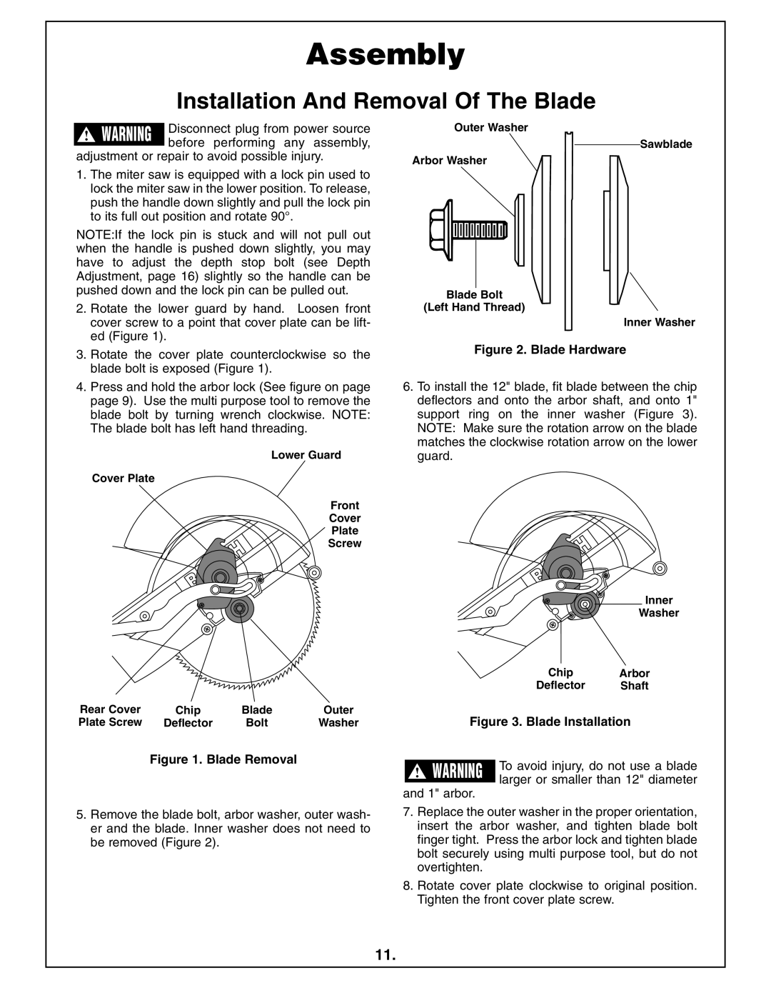 Bosch Power Tools 4412 manual Installation And Removal Of The Blade, Inner Washer Chip Arbor Deflector Shaft 