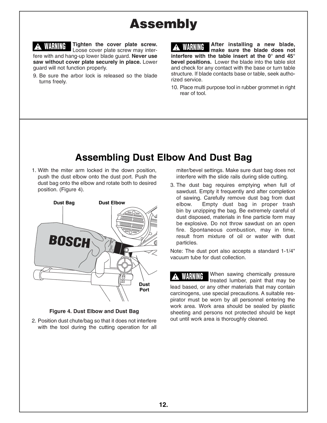 Bosch Power Tools 4412 manual Assembling Dust Elbow And Dust Bag, Dust Bag Dust Elbow Port 