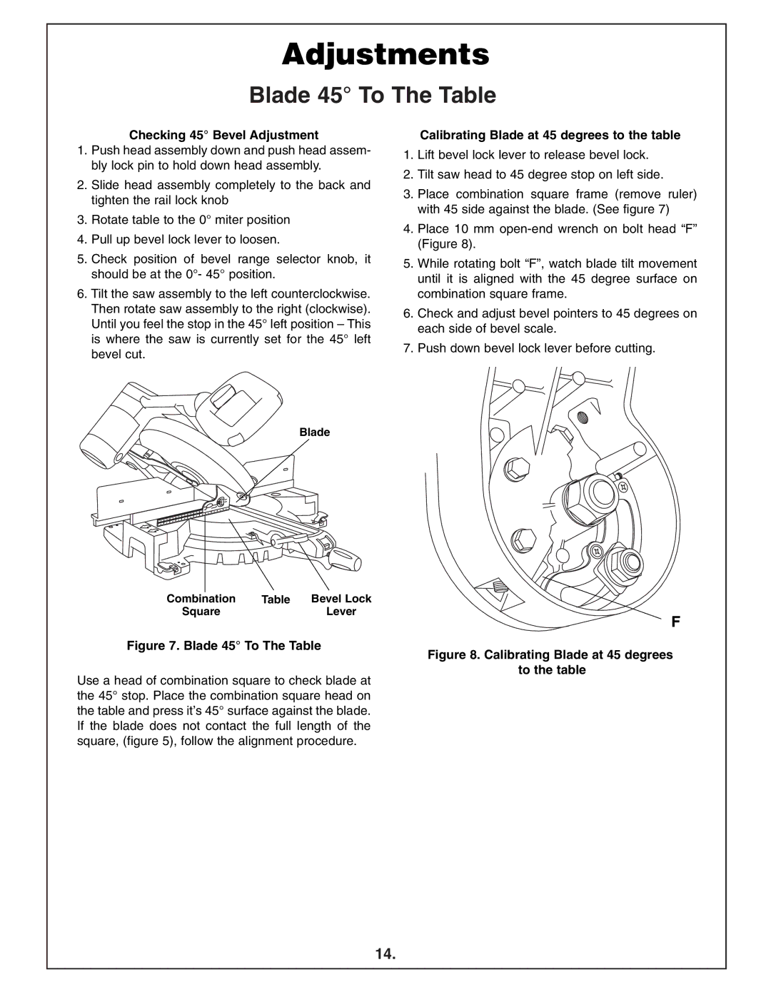 Bosch Power Tools 4412 Blade 45 To The Table, Checking 45 Bevel Adjustment, Calibrating Blade at 45 degrees to the table 