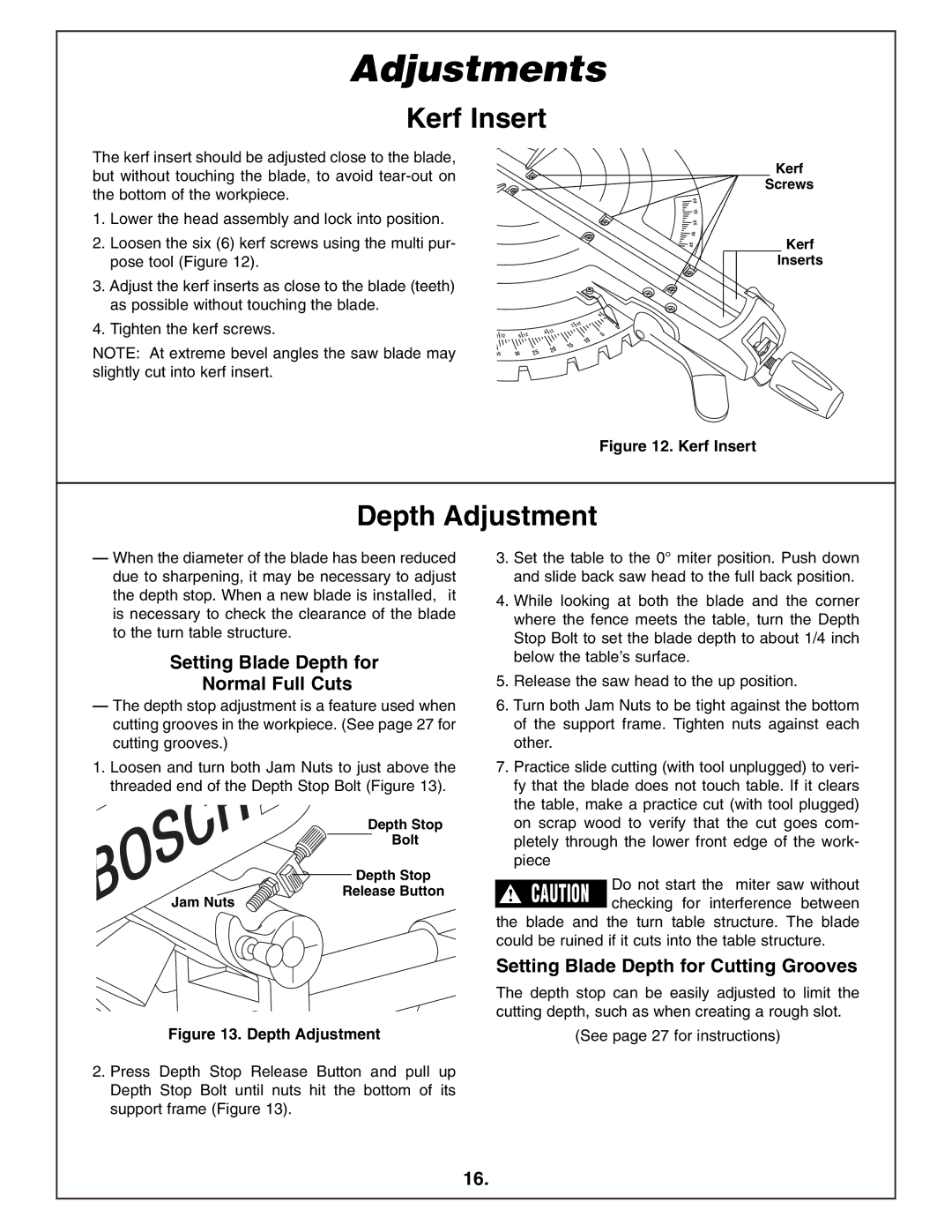 Bosch Power Tools 4412 manual Kerf Insert, Depth Adjustment, Setting Blade Depth for Normal Full Cuts 