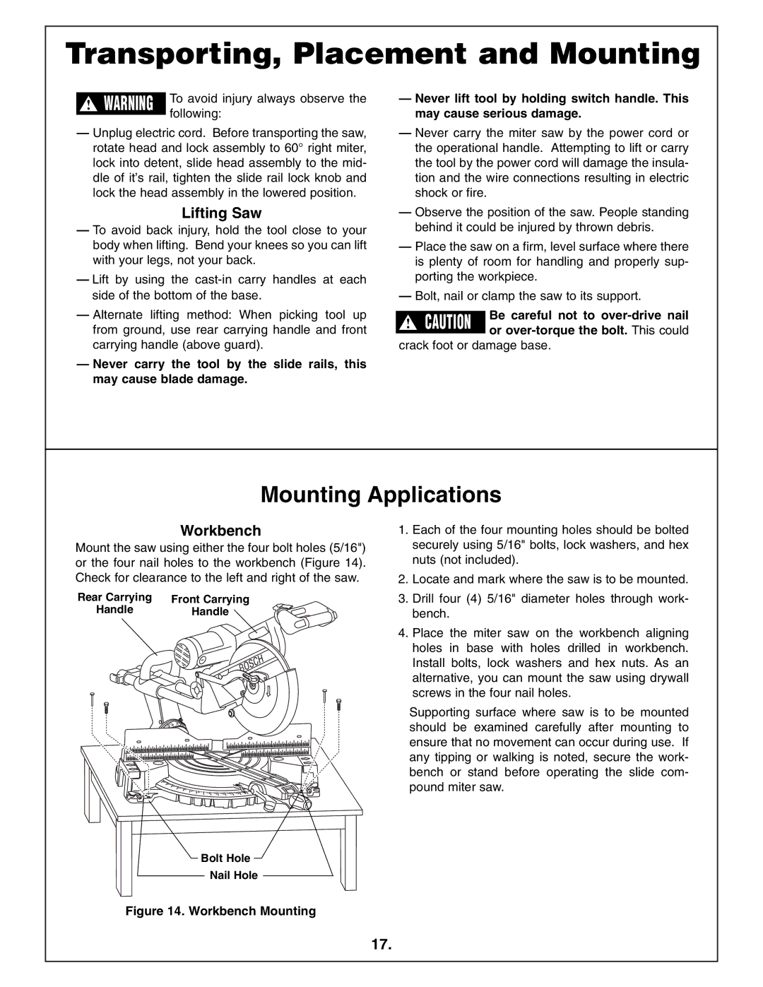 Bosch Power Tools 4412 manual Transporting, Placement and Mounting, Mounting Applications, Lifting Saw, Workbench 