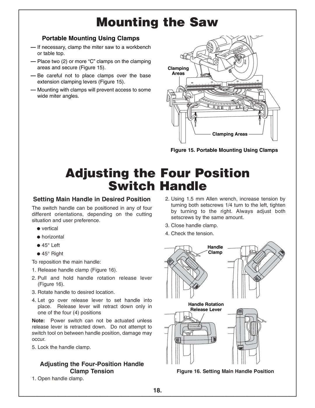 Bosch Power Tools 4412 manual Mounting the Saw, Adjusting the Four Position Switch Handle, Portable Mounting Using Clamps 