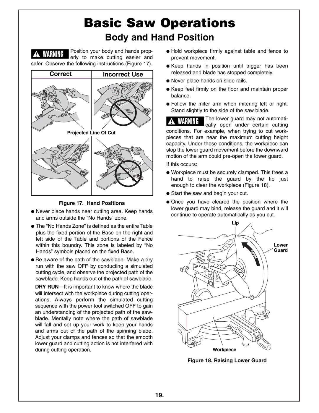 Bosch Power Tools 4412 manual Basic Saw Operations, Body and Hand Position, Correct Incorrect Use 