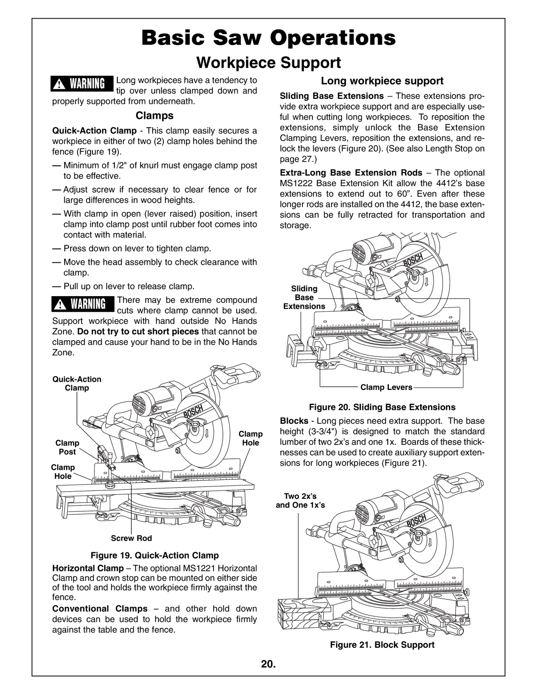 Bosch Power Tools 4412 manual Workpiece Support, Clamps, Long workpiece support, Clamp Levers, Two 2x’s One 1x’s 