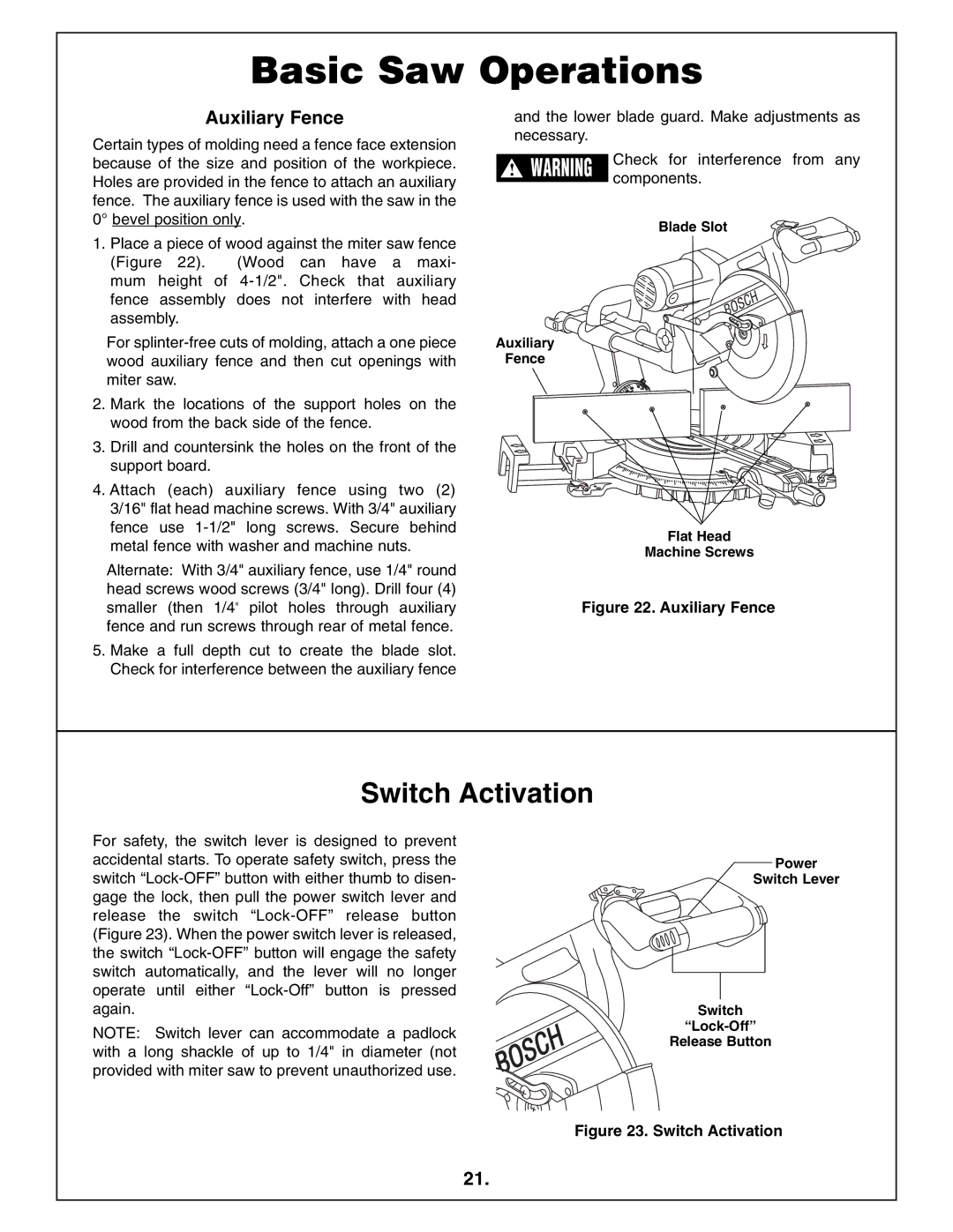 Bosch Power Tools 4412 manual Switch Activation, Blade Slot Auxiliary Fence Flat Head Machine Screws 