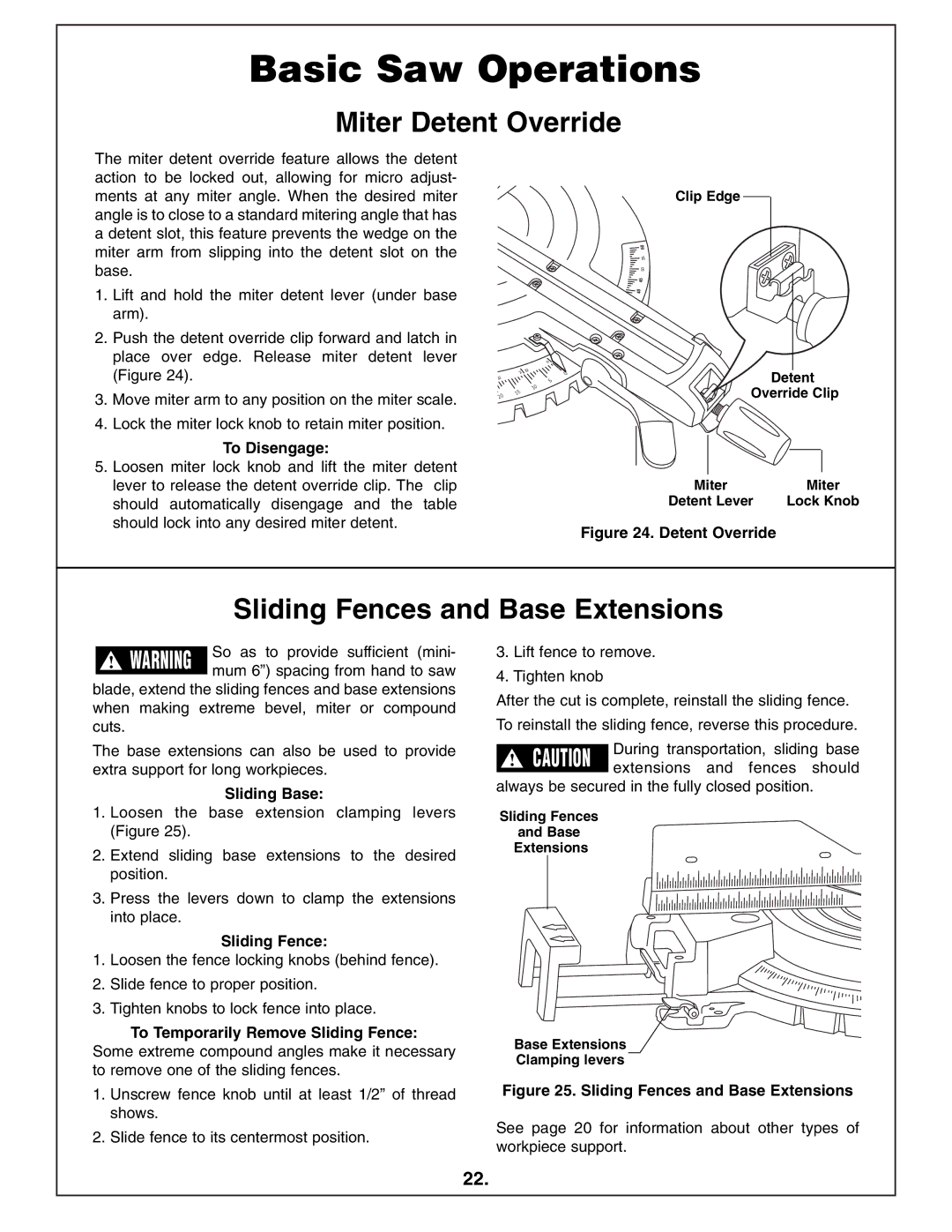 Bosch Power Tools 4412 manual Miter Detent Override, Sliding Fences and Base Extensions 