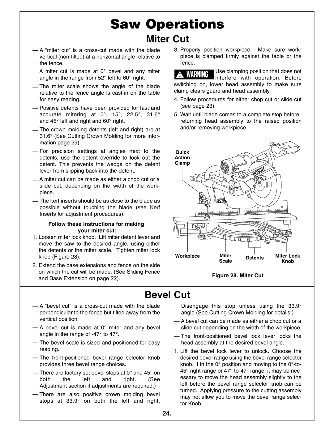 Bosch Power Tools 4412 manual Miter Cut, Bevel Cut, Follow these instructions for making your miter cut 