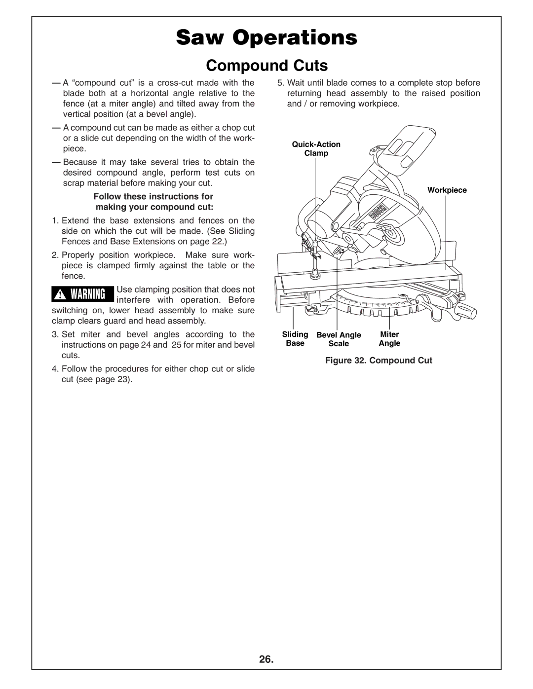 Bosch Power Tools 4412 manual Compound Cuts, Follow these instructions for making your compound cut, Angle 