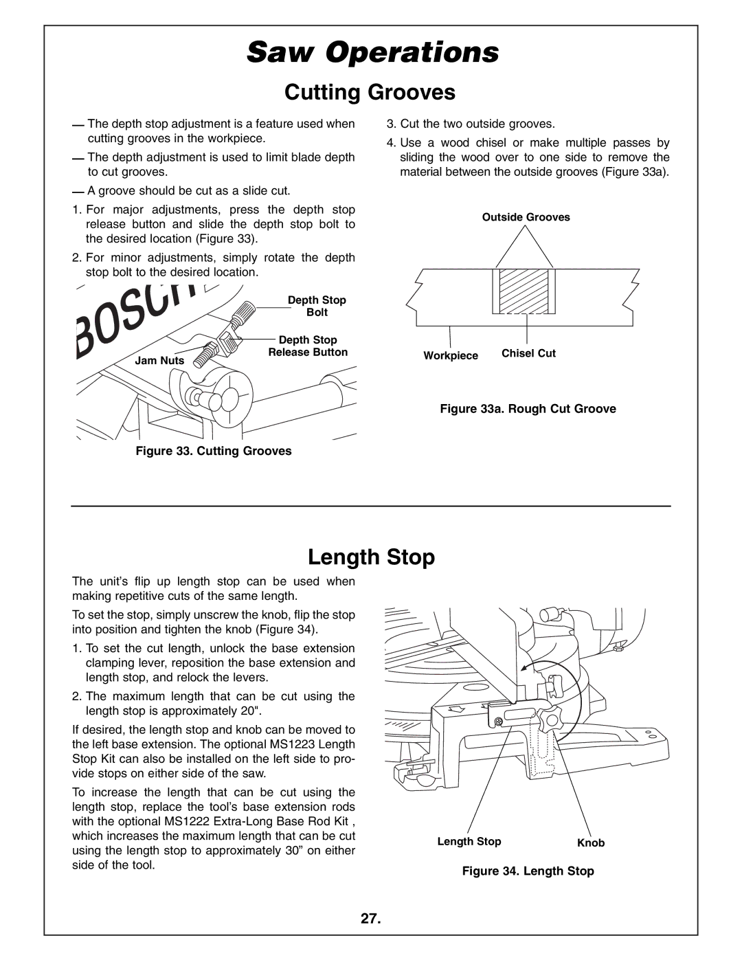 Bosch Power Tools 4412 manual Cutting Grooves, Outside Grooves Workpiece Chisel Cut, Length Stop Knob 