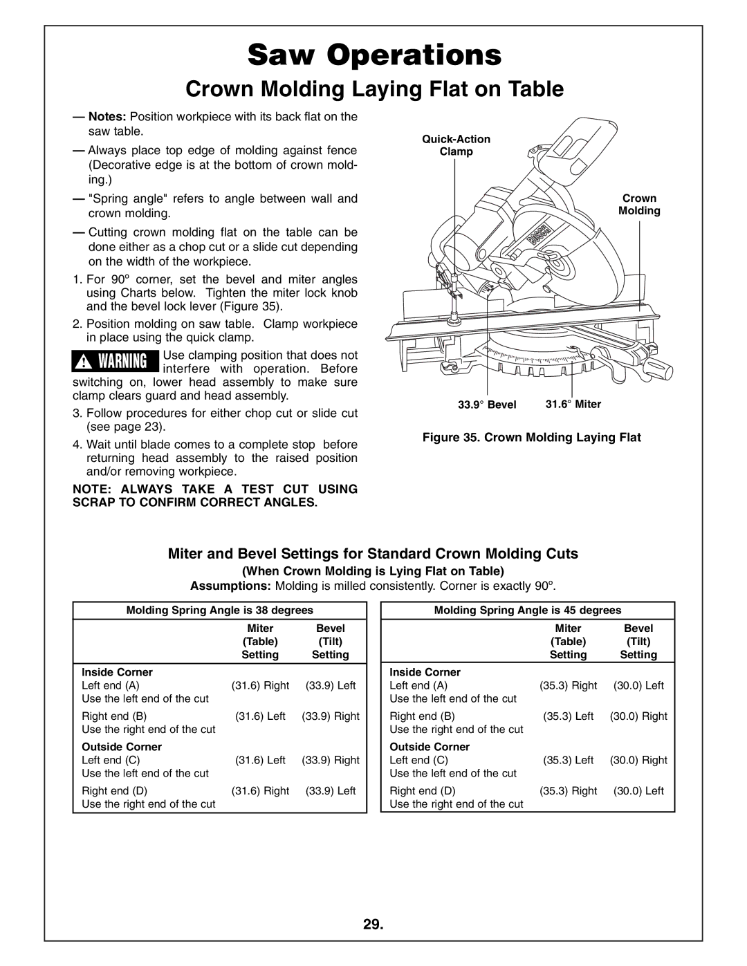 Bosch Power Tools 4412 manual Crown Molding Laying Flat on Table, Miter and Bevel Settings for Standard Crown Molding Cuts 