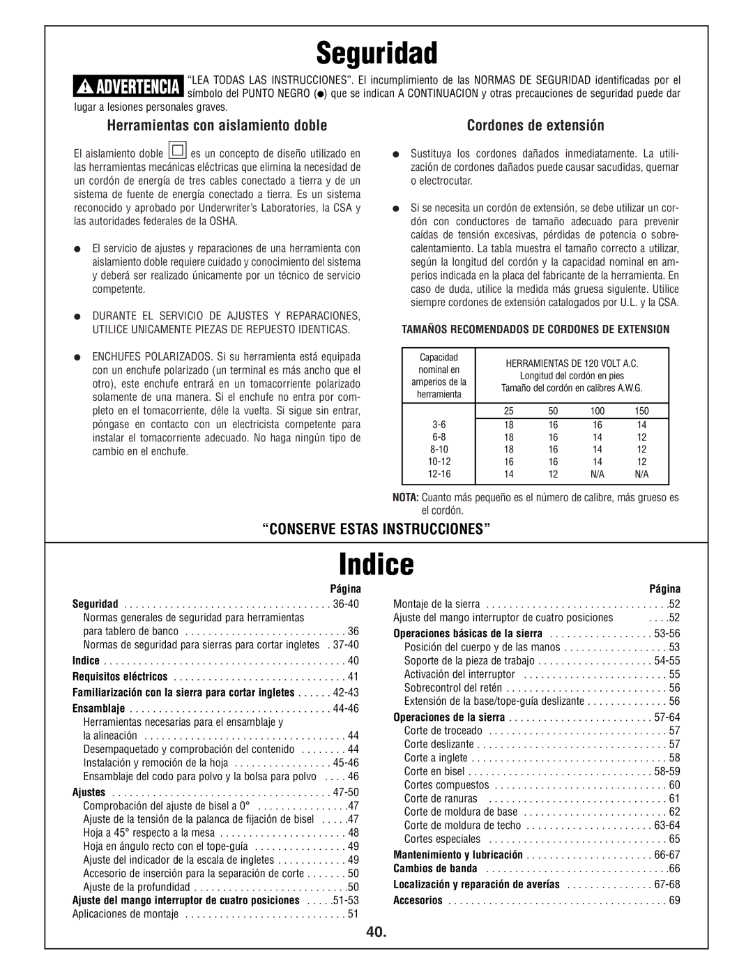 Bosch Power Tools 4412 manual Indice, Herramientas con aislamiento doble, Cordones de extensión 