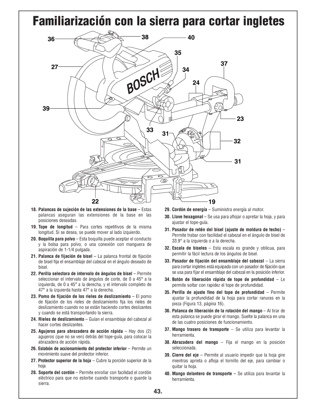 Bosch Power Tools 4412 manual Familiarización con la sierra para cortar ingletes 