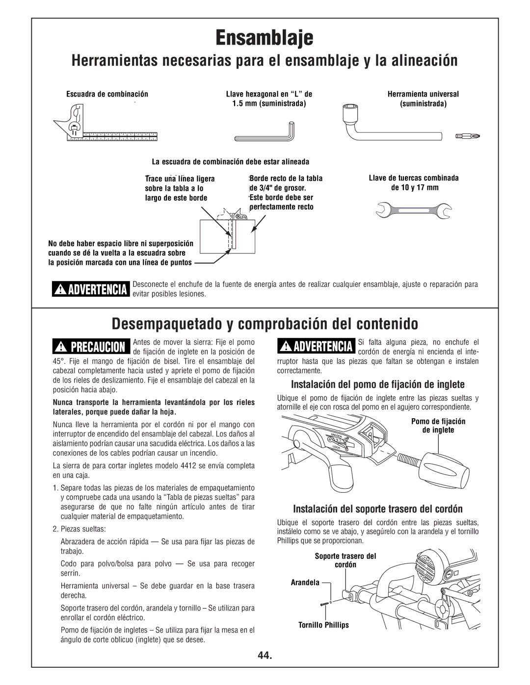 Bosch Power Tools 4412 manual Ensamblaje, Herramientas necesarias para el ensamblaje y la alineación 