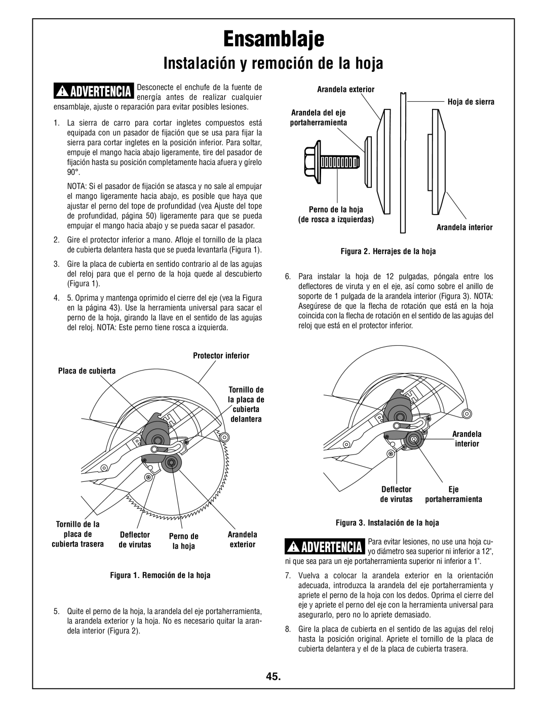 Bosch Power Tools 4412 manual Instalación y remoción de la hoja, Arandela exterior Hoja de sierra 